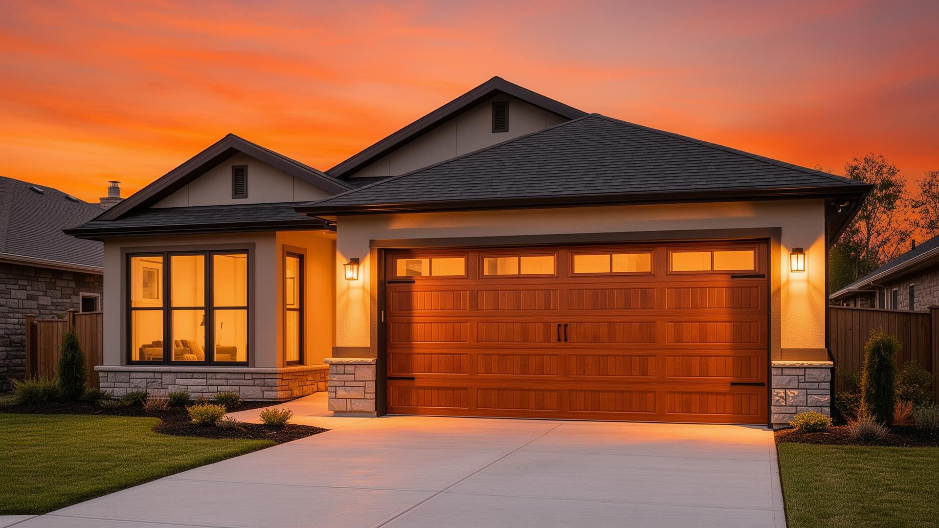 Professional garage door installation in Hastings FL - beautiful modern garage door at sunset